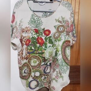 100%silk Floral Blouse Women Large Delicate Light Flowy Beautiful